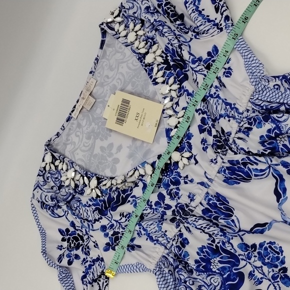 Boston Proper Blue White Floral Print Top V-Neckline Long Sleeve Embellishments - Picture 5 of 9